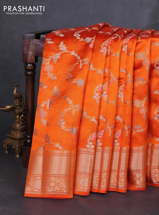 Banarasi poona silk saree orange with allover zari weaves and zari woven border