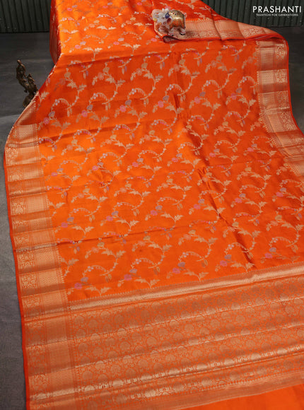 Banarasi poona silk saree orange with allover zari weaves and zari woven border