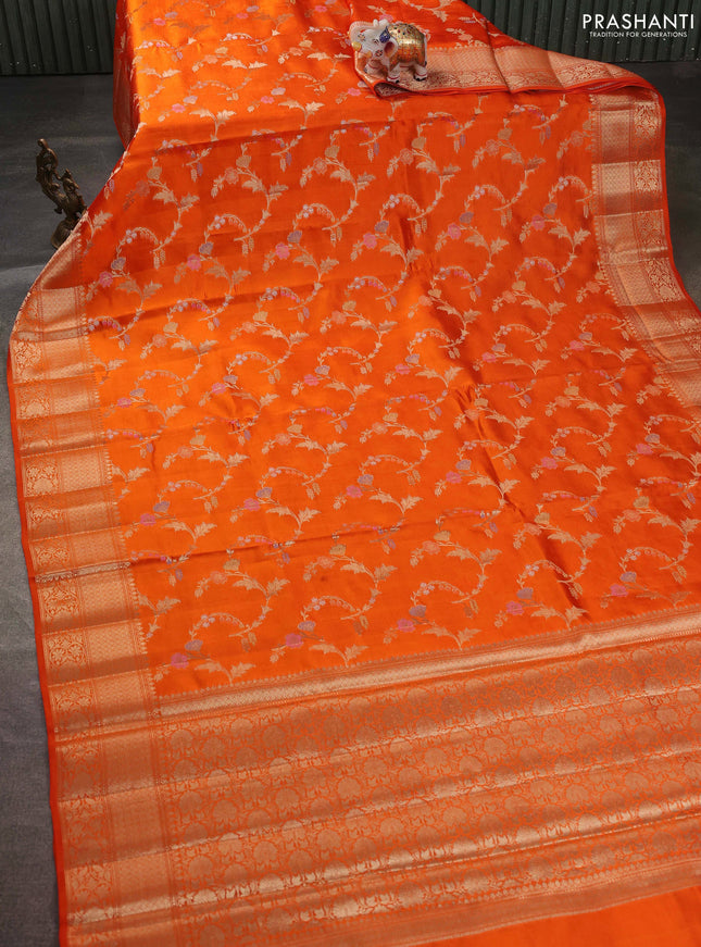 Banarasi poona silk saree orange with allover zari weaves and zari woven border