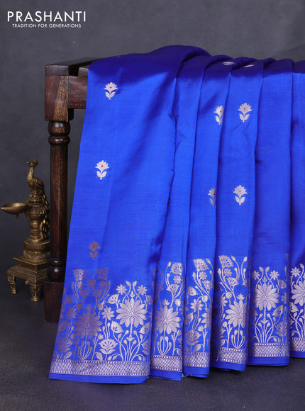 Banarasi poona silk saree blue and maroon with silver zari woven buttas and floral design zari woven border