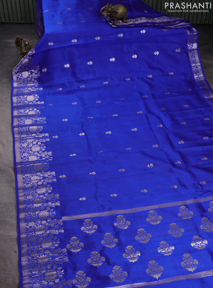 Banarasi poona silk saree blue and maroon with silver zari woven buttas and floral design zari woven border