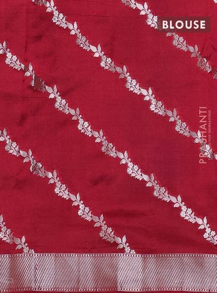 Banarasi poona silk saree blue and maroon with silver zari woven buttas and floral design zari woven border