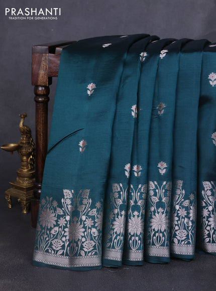 Banarasi poona silk saree peacock green and pink with silver zari woven buttas and floral design zari woven border