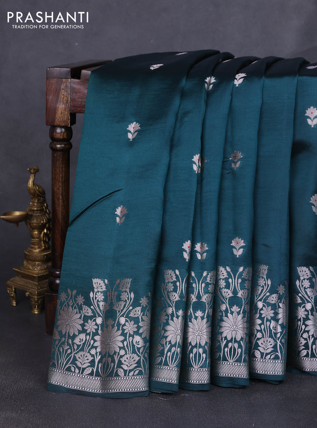 Banarasi poona silk saree peacock green and pink with silver zari woven buttas and floral design zari woven border
