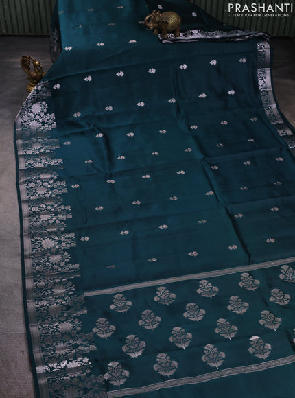 Banarasi poona silk saree peacock green and pink with silver zari woven buttas and floral design zari woven border