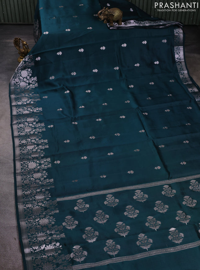 Banarasi poona silk saree peacock green and pink with silver zari woven buttas and floral design zari woven border