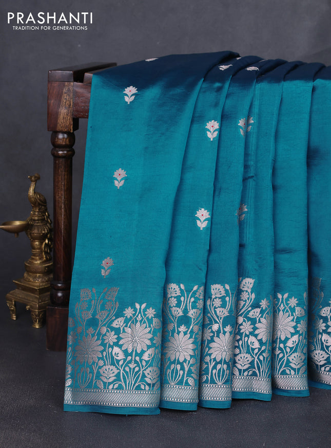 Banarasi poona silk saree cs blue and red with silver zari woven buttas and floral design zari woven border