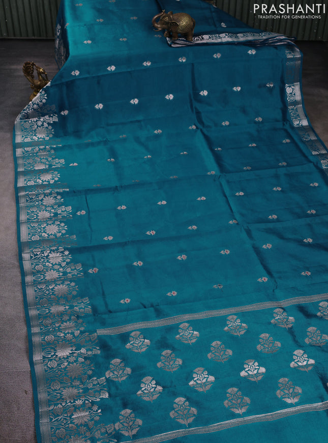Banarasi poona silk saree cs blue and red with silver zari woven buttas and floral design zari woven border