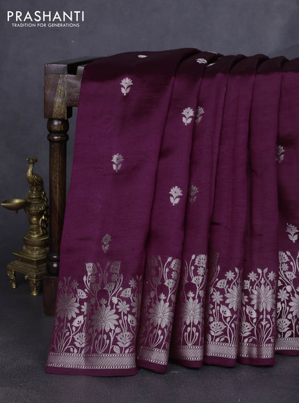 Banarasi poona silk saree wine shade and green with silver zari woven buttas and floral design zari woven border