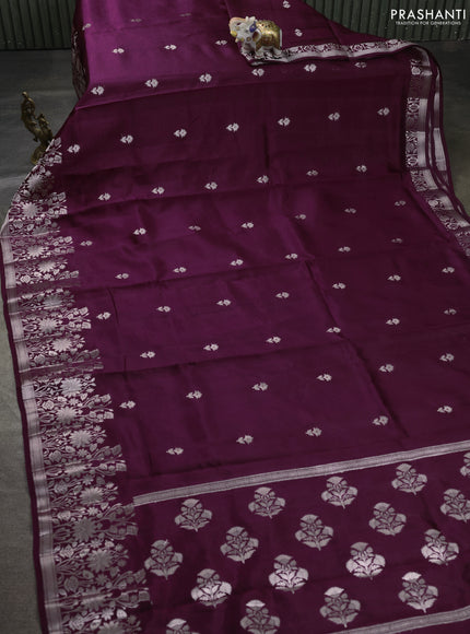 Banarasi poona silk saree wine shade and green with silver zari woven buttas and floral design zari woven border