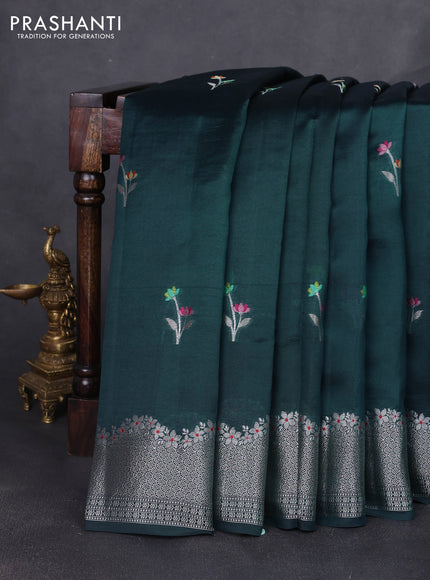 Banarasi poona silk saree peacock green and red with floral design zari woven buttas and silver zari woven border