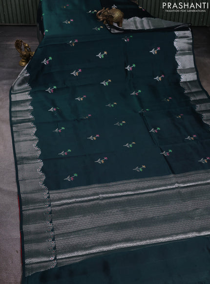Banarasi poona silk saree peacock green and red with floral design zari woven buttas and silver zari woven border