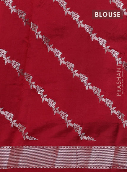 Banarasi poona silk saree peacock green and red with floral design zari woven buttas and silver zari woven border