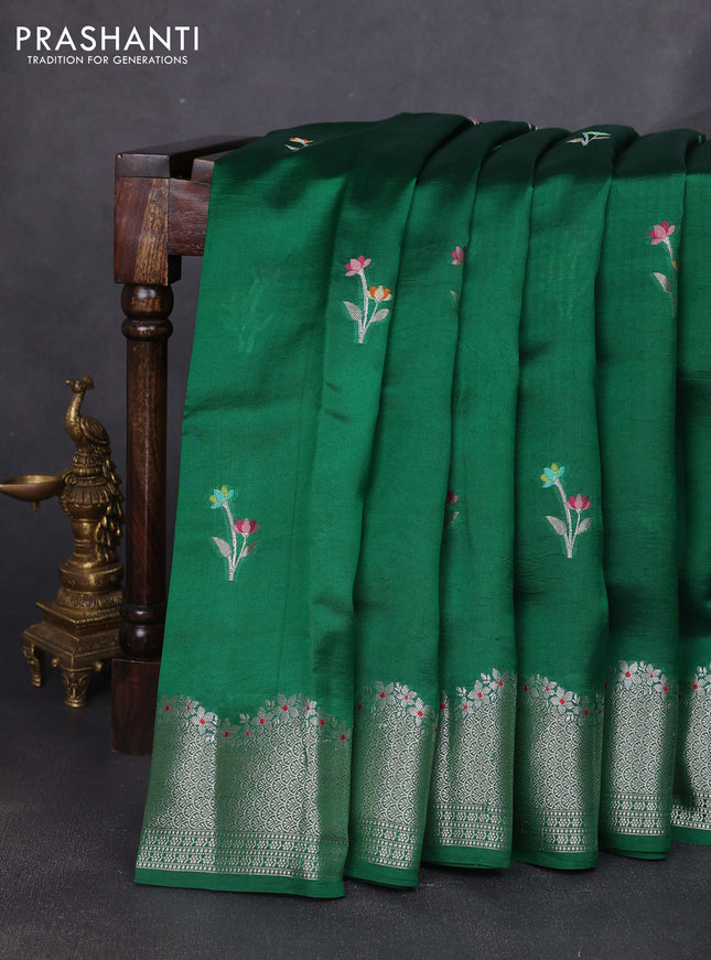 Banarasi poona silk saree green with thread & zari woven floral buttas and zari woven border