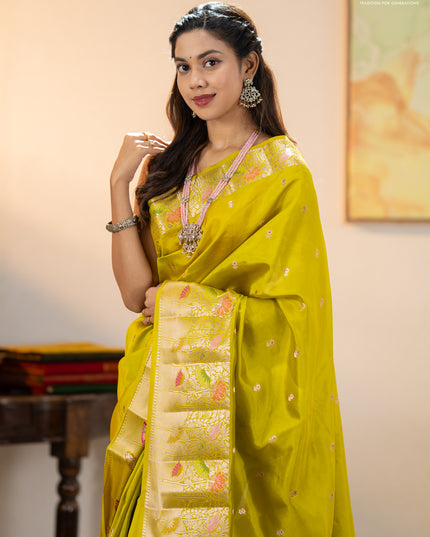 Banarasi poona silk saree lime yellow with zari woven buttas and long zari woven border