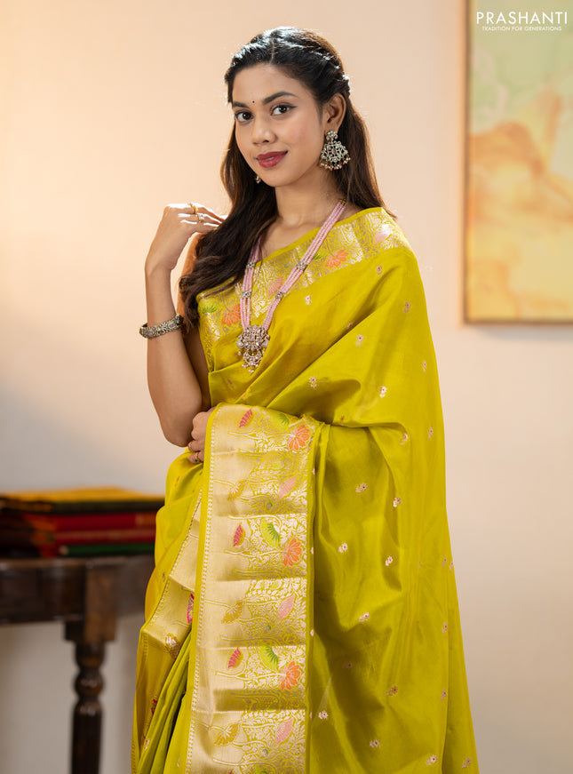 Banarasi poona silk saree lime yellow with zari woven buttas and long zari woven border