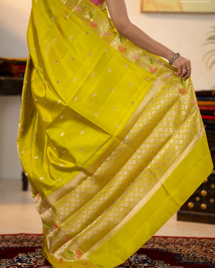 Banarasi poona silk saree lime yellow with zari woven buttas and long zari woven border