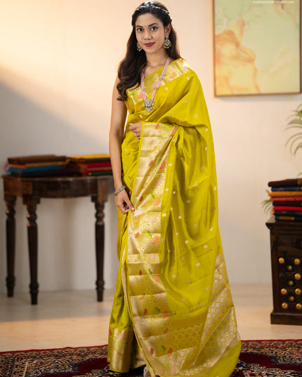 Banarasi poona silk saree lime yellow with zari woven buttas and long zari woven border