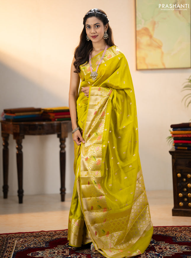 Banarasi poona silk saree lime yellow with zari woven buttas and long zari woven border