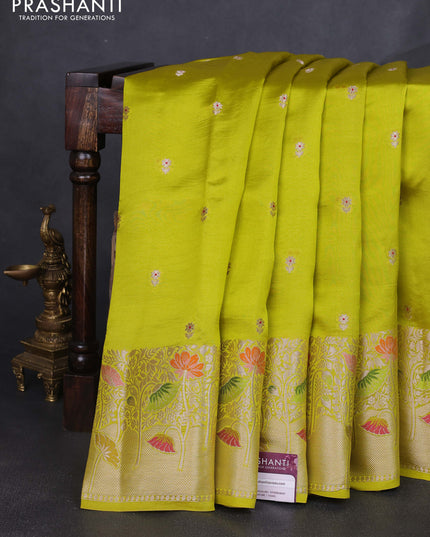 Banarasi poona silk saree lime yellow with zari woven buttas and long zari woven border