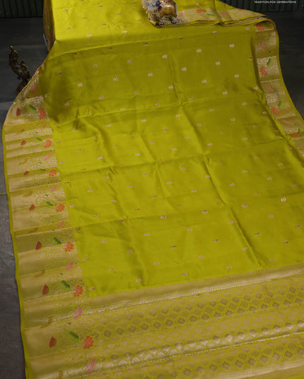 Banarasi poona silk saree lime yellow with zari woven buttas and long zari woven border