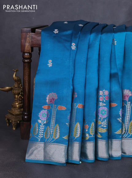 Banarasi poona silk saree peacock green with zari woven buttas and floral design zari woven border