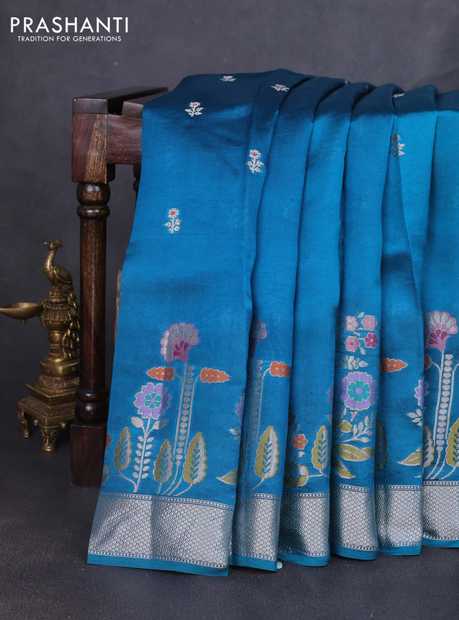 Banarasi poona silk saree peacock green with zari woven buttas and floral design zari woven border