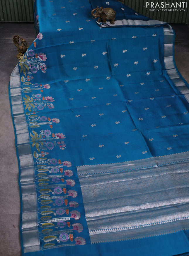 Banarasi poona silk saree peacock green with zari woven buttas and floral design zari woven border