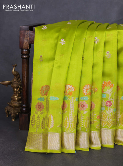 Banarasi poona silk saree lime green with floral zari woven buttas and floral design zari woven border