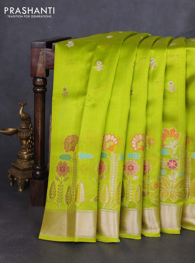 Banarasi poona silk saree lime green with floral zari woven buttas and floral design zari woven border