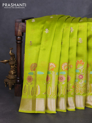 Banarasi poona silk saree lime green with floral zari woven buttas and floral design zari woven border