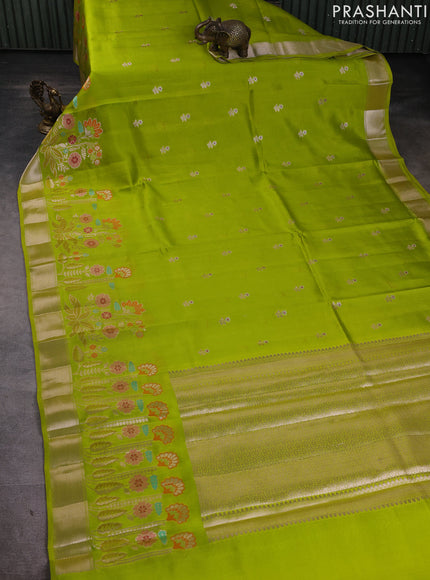 Banarasi poona silk saree lime green with floral zari woven buttas and floral design zari woven border