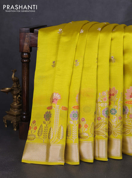Banarasi poona silk saree lime yellow with floral zari woven buttas and floral design zari woven border