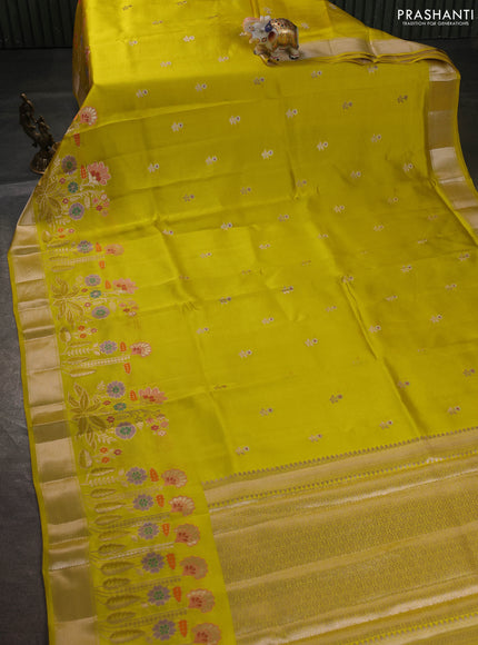 Banarasi poona silk saree lime yellow with floral zari woven buttas and floral design zari woven border