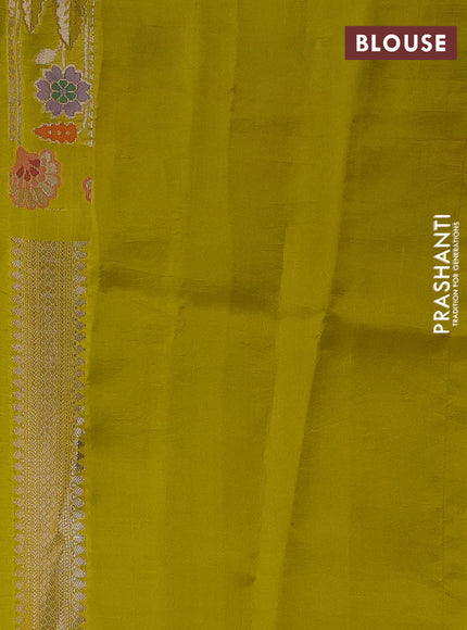 Banarasi poona silk saree lime yellow with floral zari woven buttas and floral design zari woven border