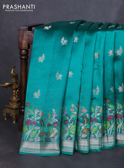 Banarasi poona silk saree teal green with zari woven buttas and floral design zari woven border