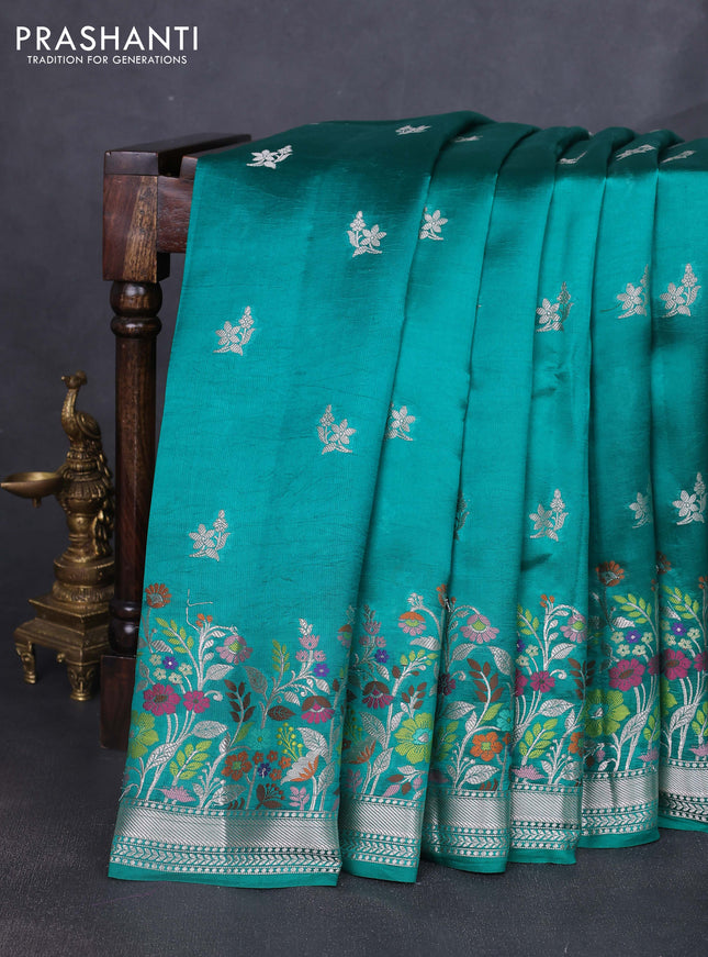 Banarasi poona silk saree teal green with zari woven buttas and floral design zari woven border