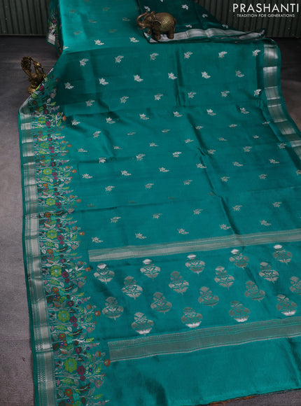 Banarasi poona silk saree teal green with zari woven buttas and floral design zari woven border