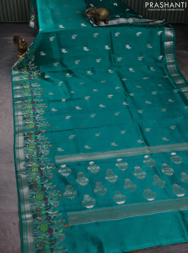 Banarasi poona silk saree teal green with zari woven buttas and floral design zari woven border