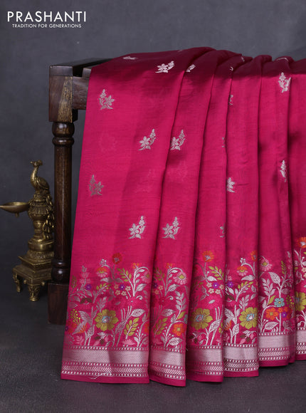 Banarasi poona silk saree dark pink with zari woven buttas and floral design zari woven border
