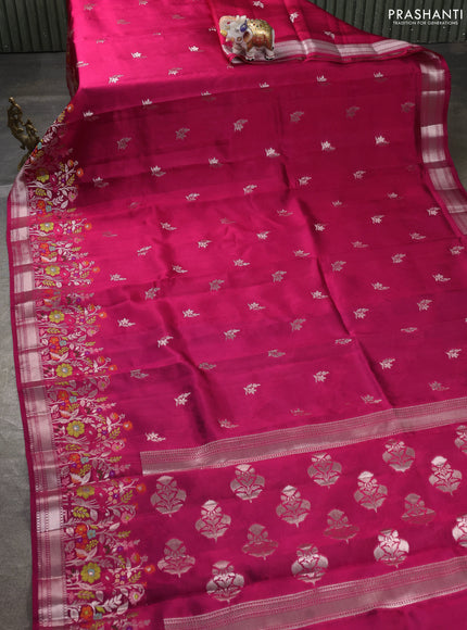 Banarasi poona silk saree dark pink with zari woven buttas and floral design zari woven border