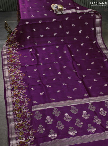 Banarasi poona silk saree purple with zari woven buttas and floral design zari woven border