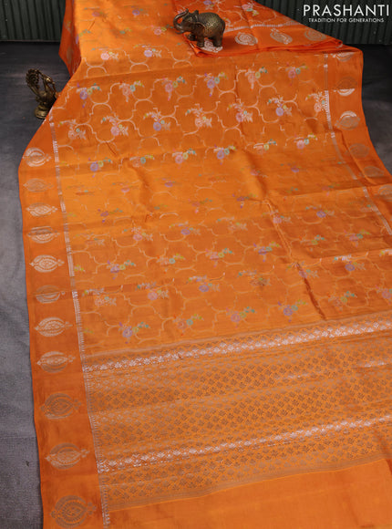 Banarasi poona silk saree orange and pink with allover thread & zari weaves and zari woven butta border