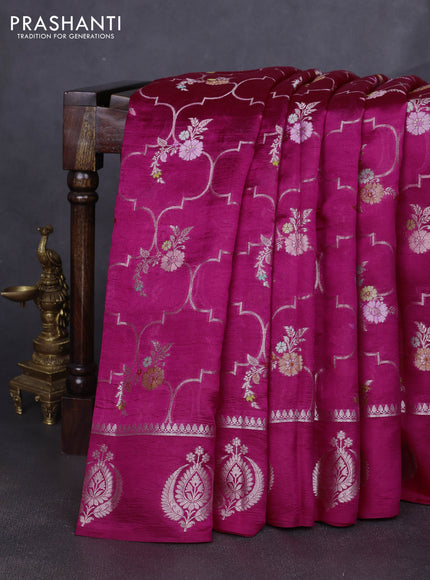 Banarasi poona silk saree magenta pink and purple with allover thread & zari weaves and zari woven butta border