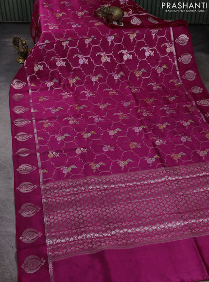 Banarasi poona silk saree magenta pink and purple with allover thread & zari weaves and zari woven butta border