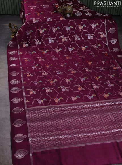 Banarasi poona silk saree deep wine and green with allover zari weaves & buttas and zari woven butta border
