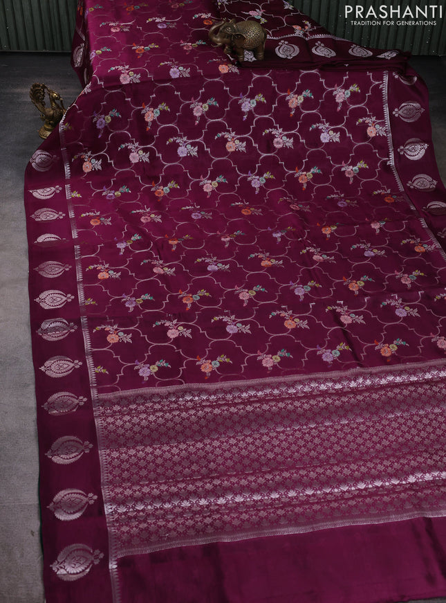 Banarasi poona silk saree deep wine and green with allover zari weaves & buttas and zari woven butta border