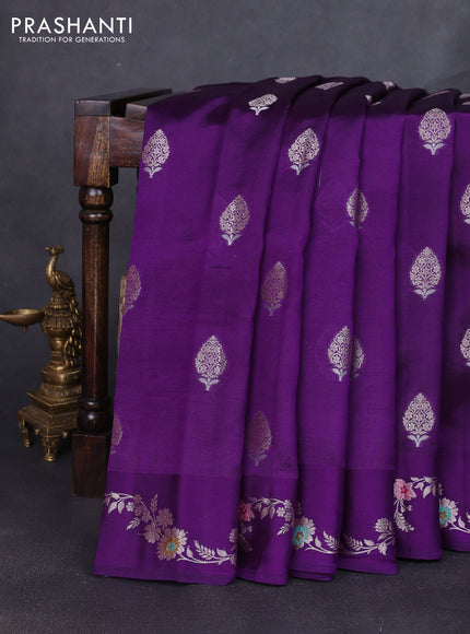 Banarasi poona silk saree purple with zari woven buttas and floral design zari woven border