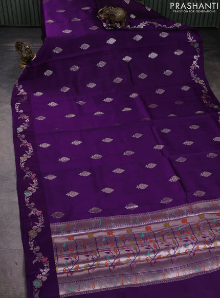 Banarasi poona silk saree purple with zari woven buttas and floral design zari woven border