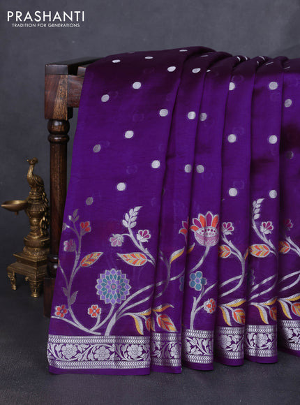 Banarasi poona silk saree purple with silver zari woven buttas and silver zari woven floral design border